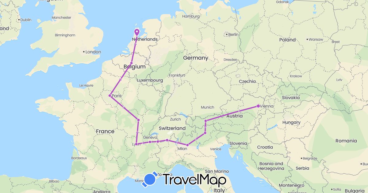 TravelMap itinerary: driving, train in Austria, Belgium, Switzerland, France, Italy, Netherlands (Europe)